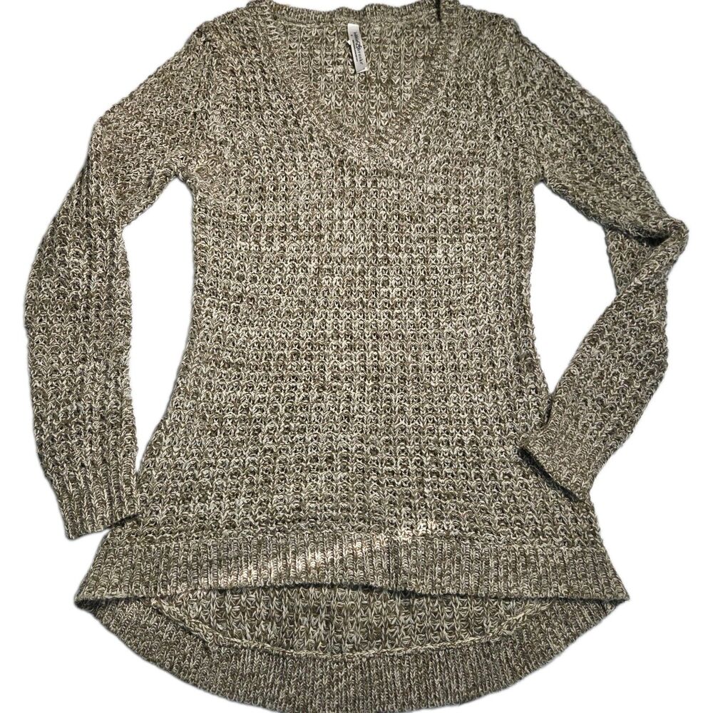 Bobbie Brooks Open Knit Sweater Womens M Tan Taupe V-Neck Long Sleeve Tunic Top
